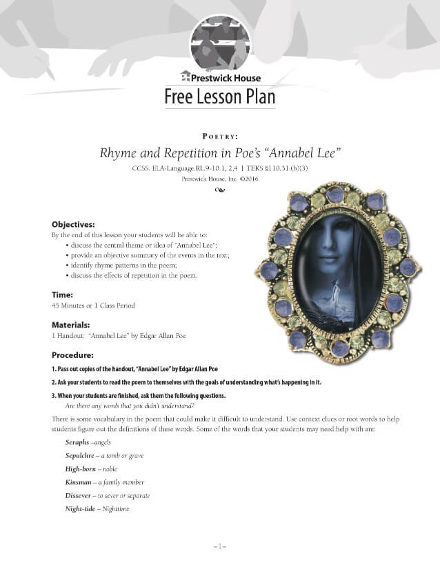 Rhyme And Repetition In Poe S Annabel Lee Free Lesson Plan Prestwick House